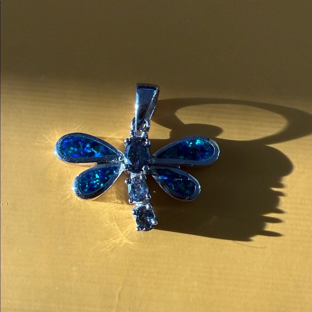 Silver Dragonfly Pendant with Blue Opal Inlay